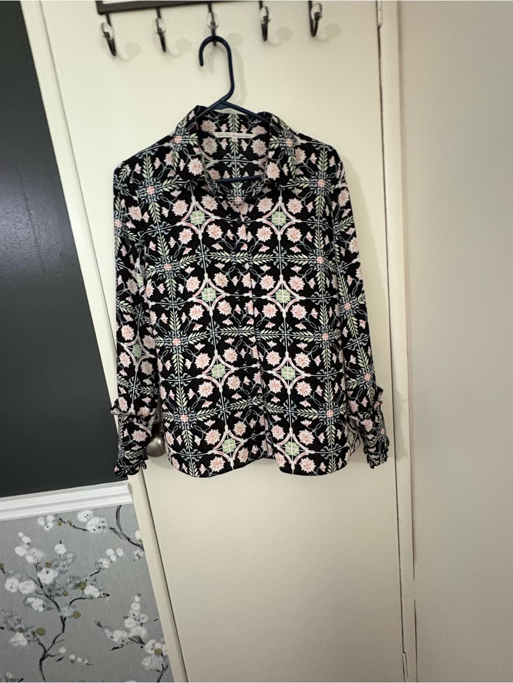 RACHEL Rachel Roy Black Floral Button-Down Top with Pink and Green Accents